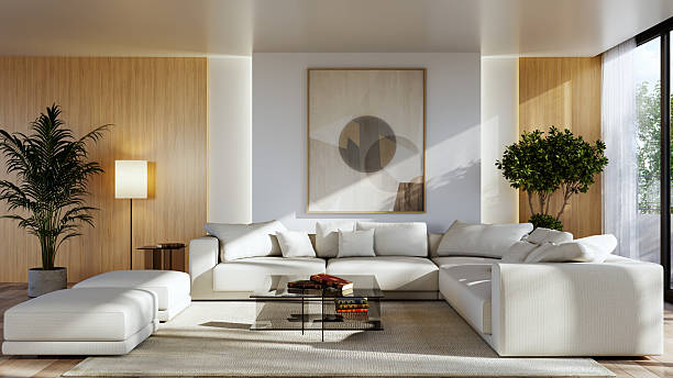 Large luxury modern bright interiors Living room mockup illustration 3D rendering image