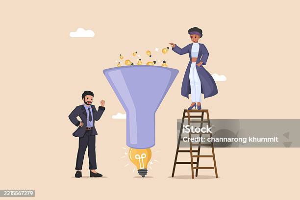 Funnel Shape Ladder Idea Funnel For Business Innovation Woman On Ladder Feeding Light Bulb ...