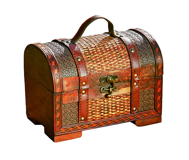 Antique suitcase with handle and iron lock on white background.