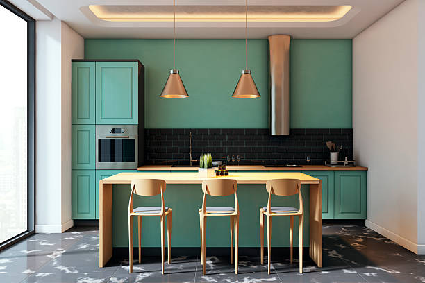 istock Modern luxury kitchen interior with turquoise cabinets, black tiled backsplash, marble floor, and wooden island in empty backlit room. 3D Rendering 2215568860