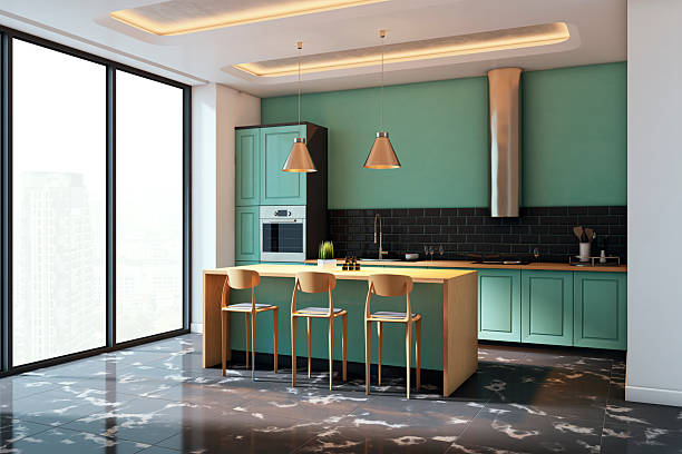 istock Modern luxury kitchen interior with mint green cabinets, black tile backsplash, pendant lights and panoramic city view through large windows. 3D Rendering 2215568871