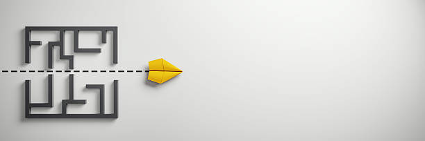 istock Yellow paper plane crossing maze directly on clean background, symbolizing creative leadership and business innovation concept template. 3D Rendering 2215569132