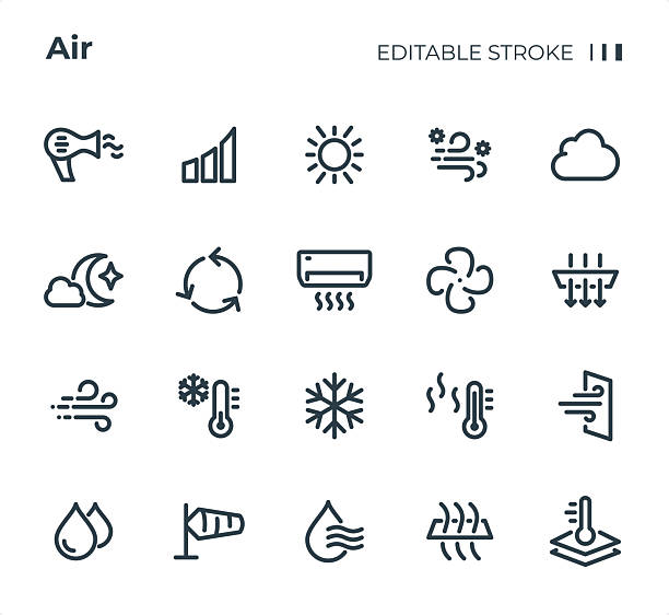 Air icon set. Editable stroke weight. Pixel perfect icons. Air icons set #14
Specification: 20 icons, 36×36 pх, EDITABLE stroke weight! Current stroke 2 px
Features: Pixel Perfect, Unicolor, Editable weight thin line.
First row of icons contains:
Hairdryer, Graph, Sun, Snow & Wind, Cloud;
Second row contains:
Night, Recycling, Air Conditioner, Fan, Air Filtration;
Third row contains:
Wind, Cold Temperature, Snowflake, Hot Temperature, Windy;
Fourth row contains:
Drops, Windsock, Condensation, Evaporation, Temperature Resistant.
Check out the complete Mico editable collection — https://www.istockphoto.com/uk/collaboration/boards/GC3XJ1Q3RkmkPfuy17yLQg heat transfer fluid stock illustrations