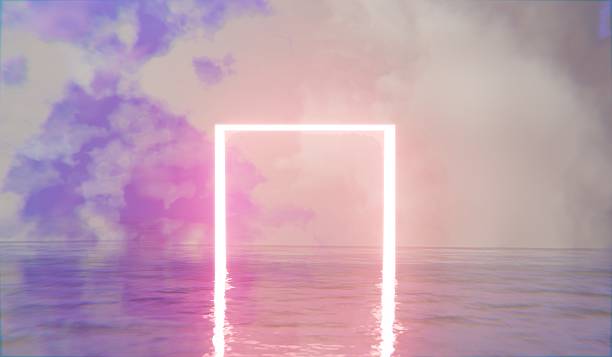 istock Neon glowing square frame floating on the water surface, sea water, 3D illustration 2215570415
