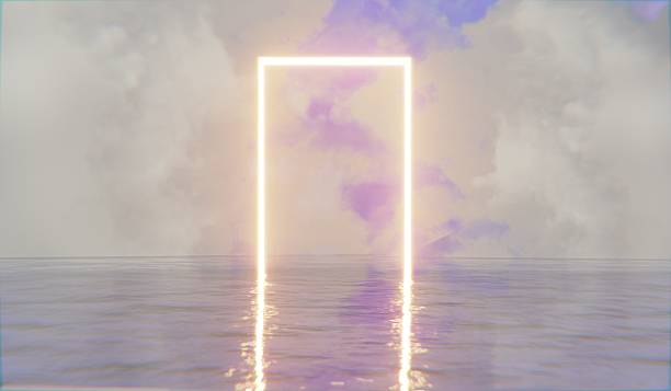 istock Neon glowing square frame floating on the water surface, sea water, 3D illustration 2215570416