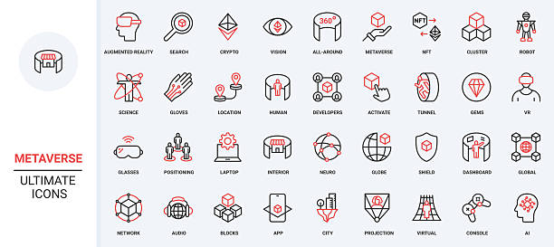 Metaverse, AI infrastructure and virtual reality experience, future science line icon set Metaverse, AI infrastructure and virtual reality experience for game, science of future line icon set. NFT, server algorithm and developers thin black and red outline symbols vector illustration game developer stock illustrations