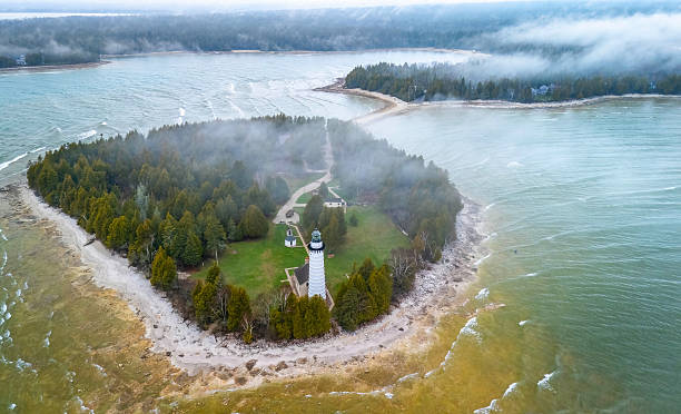 istock Dramatic aerial image of Cana Island Lighthouse in Wisconsin 2215570681