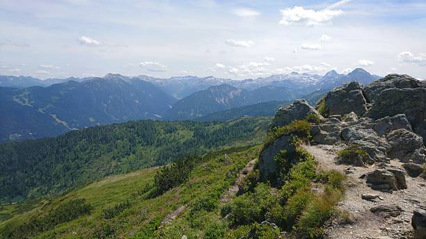 istock Alpine Mountain View with Rocky Outcrop and Forested Valleys 2215578420