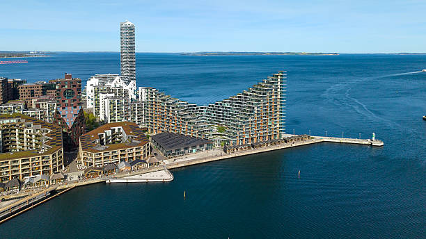 Aerial view of new residential district on Aarhus Harbor at the waterfront