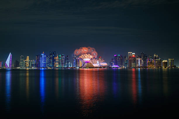 istock Doha skyline city illuminated at night 2215596483