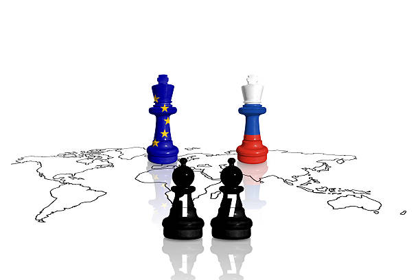 istock Europe Union sanctions and embargo for Russian war and aggression in Ukraine. Chess made from flags of EU and Russia. 2215596980
