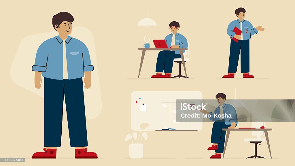 Office Character In Multiple Work Scenes Flat Vector Illustration Set ...