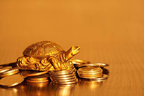istock Turtle statuette with coins on a golden background. 2215598655