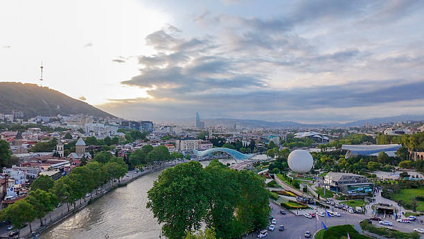 istock Drone view on Rike park Kura river  and Peace  bridge 2215607526