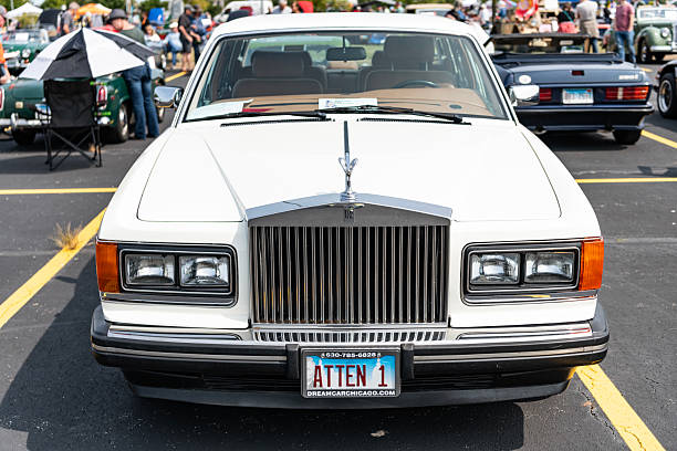 Chicago, Illinois, USA - September 08, 2024: Rolls Royce Silver Spirit vehicle, corner view. Retro classic car. Rolls Royce Silver Spur car. Rolls Royce Silver Spirit at Chicago white clor