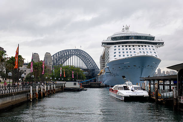 Sydney, Australia: March 24th, 2025. Harbour Bridge, ferry and cruise ship in Sydney Harbour, Australia