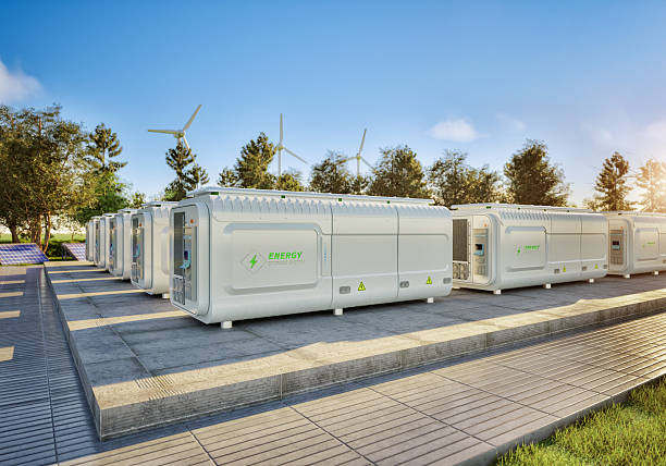 istock Group of energy storage systems or battery container units 2215629248