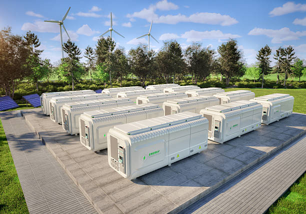 istock Group of energy storage systems or battery container units 2215629249