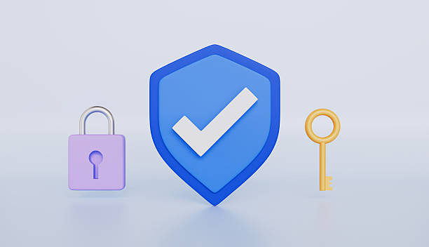 istock Security safe icon with checkmark, key, padlock, quality protected shield emblem, guaranteed protection symbol 2215631588