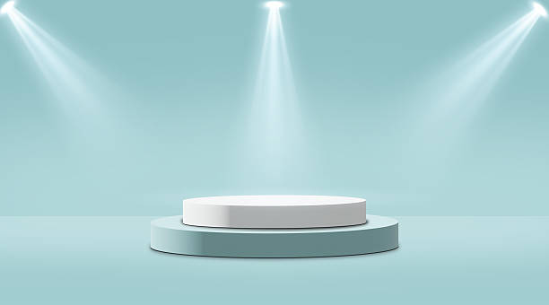 istock Studio template and white round shape pedestal on light tranquil Blue background with spotlight product shelf. 3D rendering 2215631684