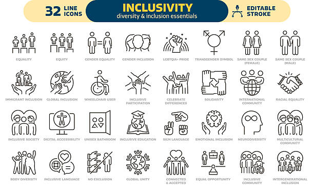 stockillustraties, clipart, cartoons en iconen met inclusivity icon set. thin line editable stroke icons for diversity, equity, accessibility, global community, multiple different gender and cultural identities, inclusion for all, dei - mensenrechten
