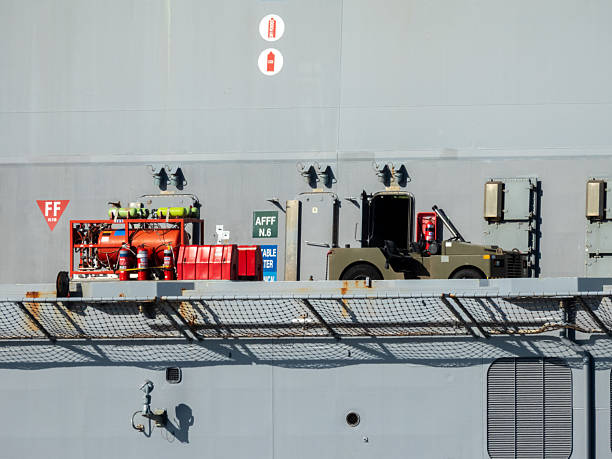 Firefighting equipment on the flight deck of HMAS Canberra, L02, a Canberra Class amphibious assault ship of the Royal Australian Navy docked at Garden Island naval base in Sydney Harbour. The safety netting around the open deck casts a shadow. This image was taken on the opposite side of Woolloomooloo Bay on a sunny afternoon on 17 May 2025.