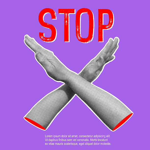istock Trendy halftone banner with crossing hands symbolizing refusal, prohibition, and denial. Stop gesture, rejection sign, and warning concept. Contemporary collage for design template. Vector 2215648376