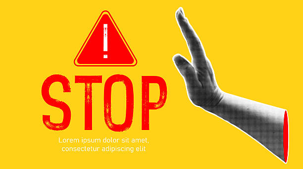 Trendy halftone banner with human hand showing stop sign. Stop gesture. Modern retro style. Contemporary collage for design template. Vector illustration