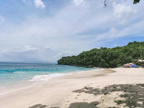 Coastline with white sand and scattered black volcanic rocks. A unique tropical beachscape combining natural textures and serene ocean views. Ideal for themes on travel.