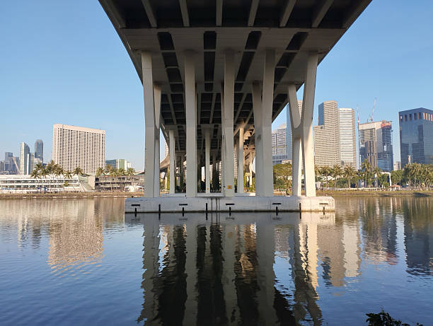 large concrete piers supporting a wide bridge over a river in Singapore