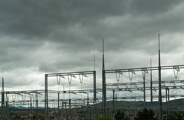 Image of an electrical power substation with multiple transmission lines and towers set against a cloudy sky. The industrial structure stands near trees and low hills, reflecting the integration of energy infrastructure into natural and semi-urban environments.