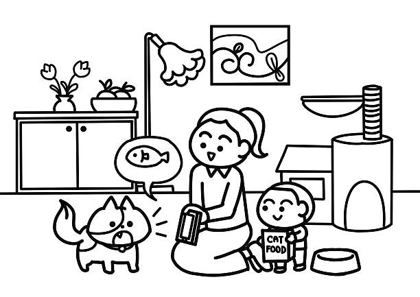 Human use technology to talk with cat Human use technology to talk with cat coloring pages style. assistive technology stock illustrations