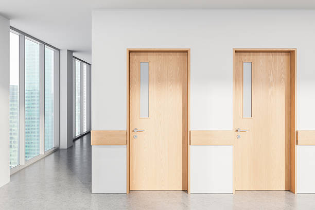 Modern hallway interior with two closed light wood doors and large windows in minimalistic building design, showcasing clean architectural aesthetics. 3D Rendering
