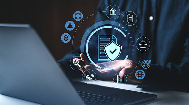 istock Cybersecurity compliance concept with digital shield and document icons on screen. 2215661553