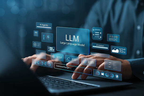 istock Businessman working on laptop with interface of LLM Large Language Model, symbolizing AI technology, machine learning, natural language processing, digital innovation, and future communication. 2215663020
