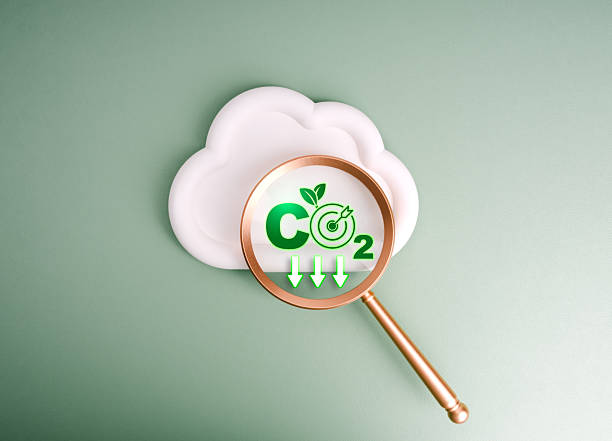 istock Environmental sustainability, Net zero carbon dioxide reduction goals concept. Co2 emission reduction logo and target icon, in magnifying glass lens on white cloud, on green background, minimalist. 2215668932