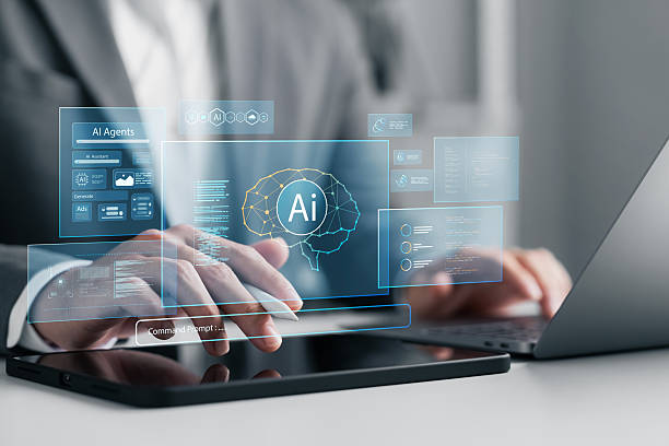 istock Artificial intelligence concept showing a businessman interacting with AI interfaces, neural network icons, and digital tools. Ideal for AI technology, innovation, and automation. 2215669371