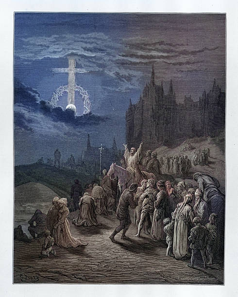 History of Crusades, Vision of the cross appearing in the sky, Crusaders see Celestial phenomena Vintage engraving of Celestial phenomena. Michaud's History of the Crusades illustrated by Gustave Dore spiritual warfare stock illustrations