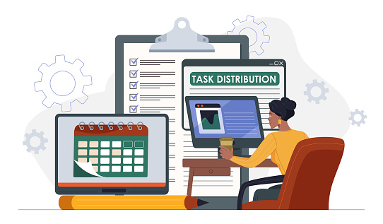 Employee Task Distribution Task Distribution Concept Woman With Computer And Calendar Setting ...