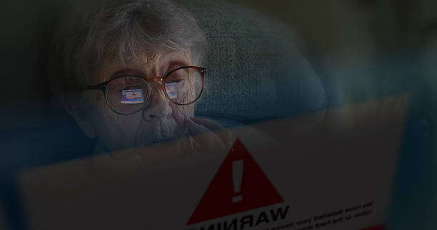 Senior woman internet scam warning symbol.