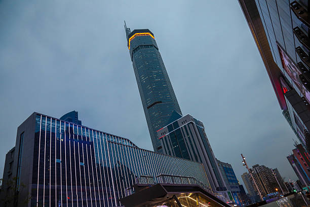 China Shenzhen cityscape downtown skyscrapers tower blue hour