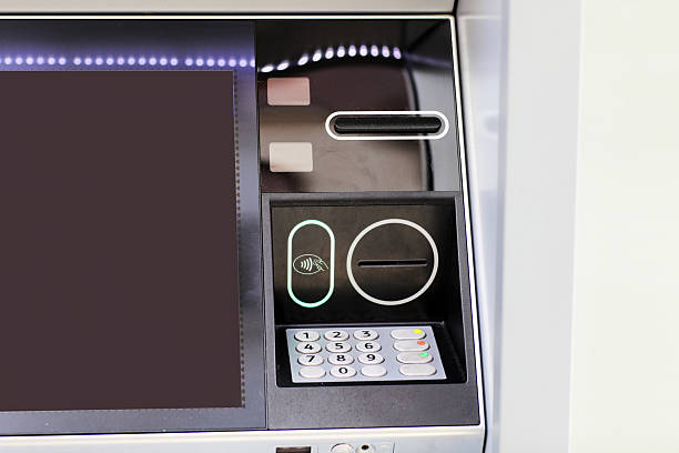 istock Automated teller machine details, ATM. Cashpoint keypad, NFC contactless wifi system, card reader and receipt printer. Finance, transactions, credit card, money withdrawal, currency, security banking 2215704989