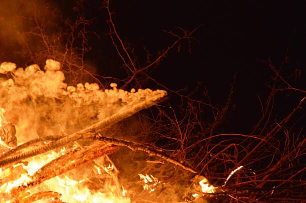 a fire in the forest and smoke at night