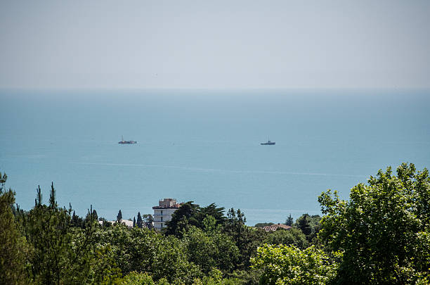 istock Serene seascape with distant ships and verdant shoreline 2215717248