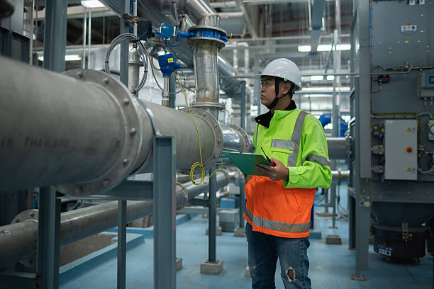 istock Engineer or worker inspection maintenance industrial facility system of operations HVAC (Heating, Ventilation, and Air Conditioning), chemical processing, or clean energy automated industrial settings. 2215717585