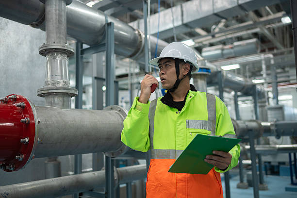 istock Engineer or worker inspection maintenance industrial facility system of operations HVAC (Heating, Ventilation, and Air Conditioning), chemical processing, or clean energy automated industrial settings. 2215717602