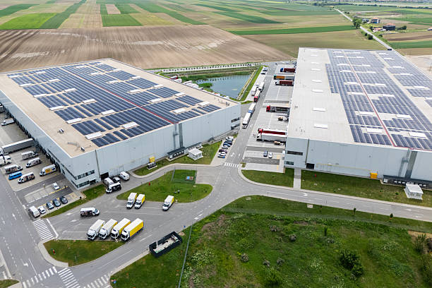 istock Logistics centers with solar panels on roofs. Aerial view. 2215719502