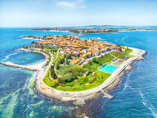 Aerial View of Nessebar (Несебър) an ancient city with a rich history and one of the major seaside resorts on the Bulgarian Black Sea Coast
