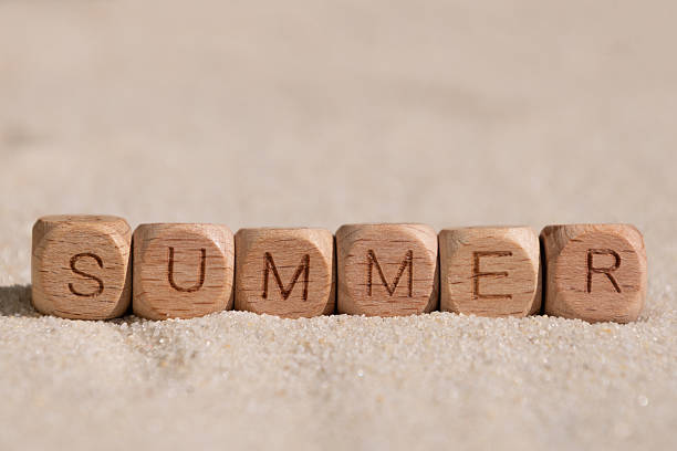 istock Wooden blocks spelling summer on sand background 2215724516