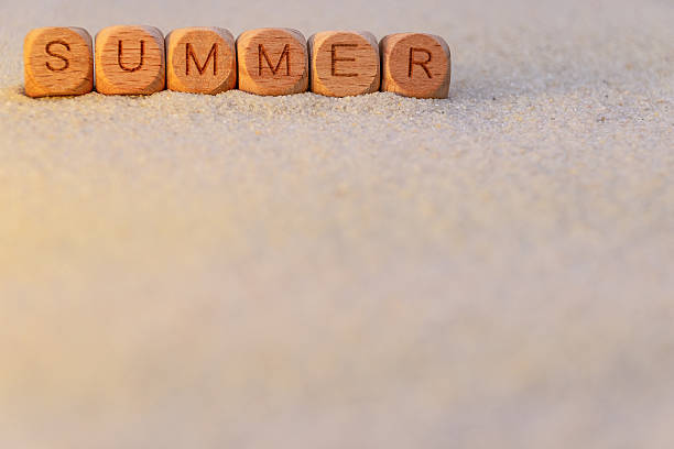 istock Wooden blocks spelling summer on sandy beach background 2215724538